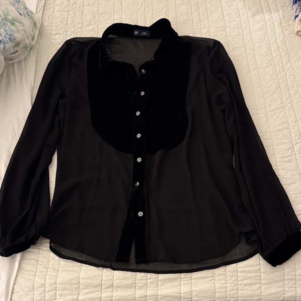GAP Black Sheer Button-Down Shirt with Velvet Accents
